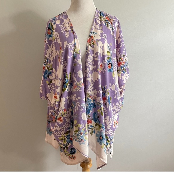 Lavender Floral Open Kimono Cardigan layering top boho peasant beachy prairie - Picture 1 of 5